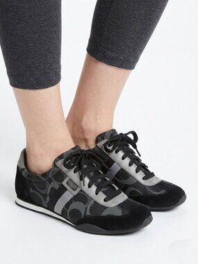 COACH Kinsley Sneakers Black Grey Signature C Monogram Suede Canvas Shoes Size 8